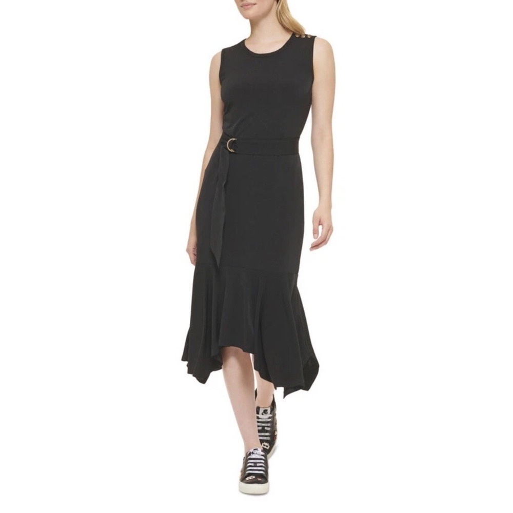 KARL LAGERFELD PARIS Asymmetrical Hem Sleeveless Black Midi Dress. Sz 12 Flaw